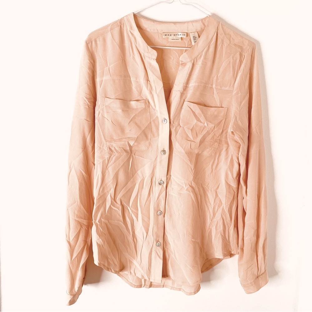 Max Studio Neutral Peach 100% Silk Split Neck Long Sleeve Blouse